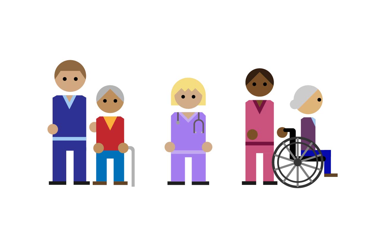 The image shows simple, cartoon-style figures representing healthcare workers and elderly patients.